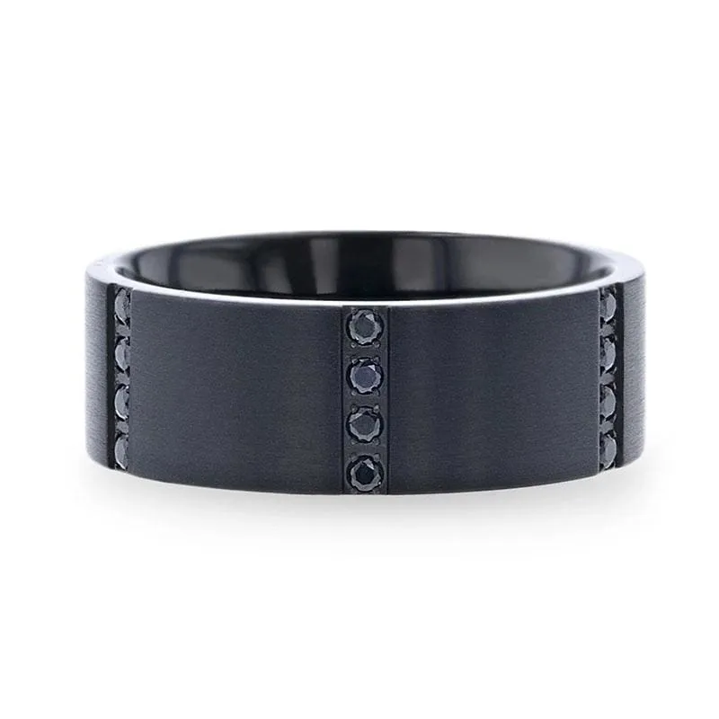 BOULDER Black Titanium Ring with 6 Sets of Quadruple Black Sapphires In Horizontal Channels - 8mm