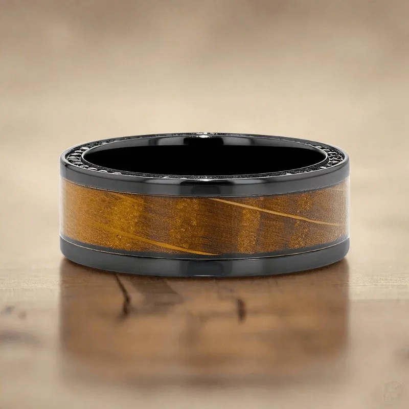 BOURBON | Black Zirconium Ring, Whiskey Barrel Wood Inlay, Black Sapphires, Flat
