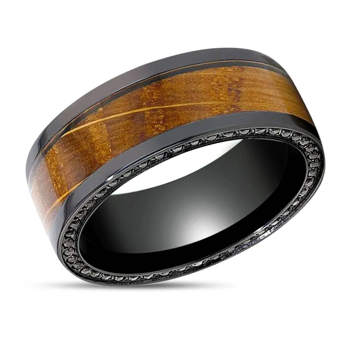 BOURBON | Black Zirconium Ring, Whiskey Barrel Wood Inlay, Black Sapphires, Flat