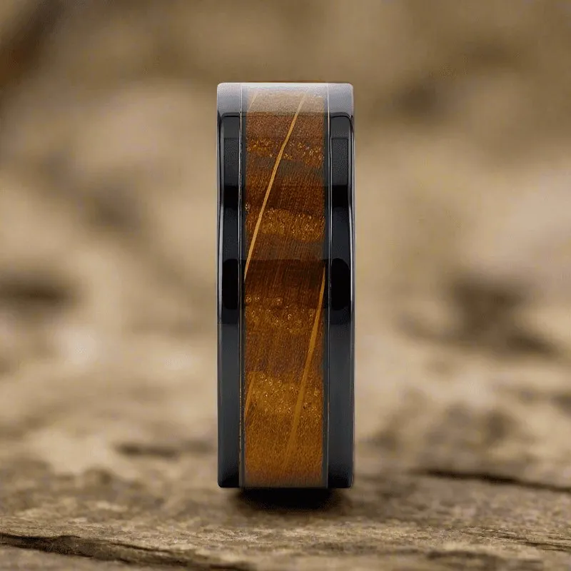 BOURBON | Black Zirconium Ring, Whiskey Barrel Wood Inlay, Black Sapphires, Flat