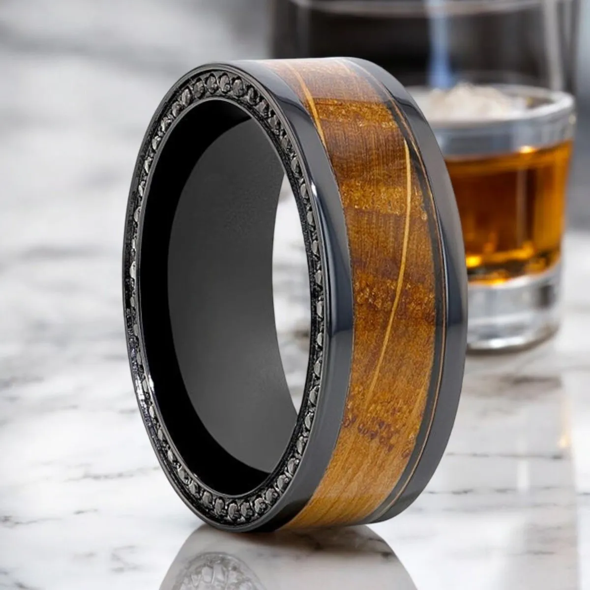 BOURBON | Black Zirconium Ring, Whiskey Barrel Wood Inlay, Black Sapphires, Flat