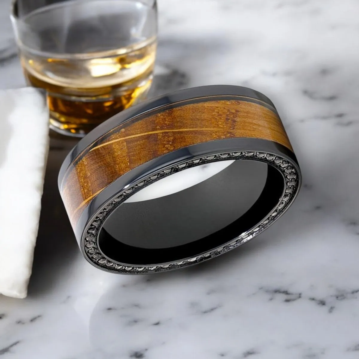 BOURBON | Black Zirconium Ring, Whiskey Barrel Wood Inlay, Black Sapphires, Flat