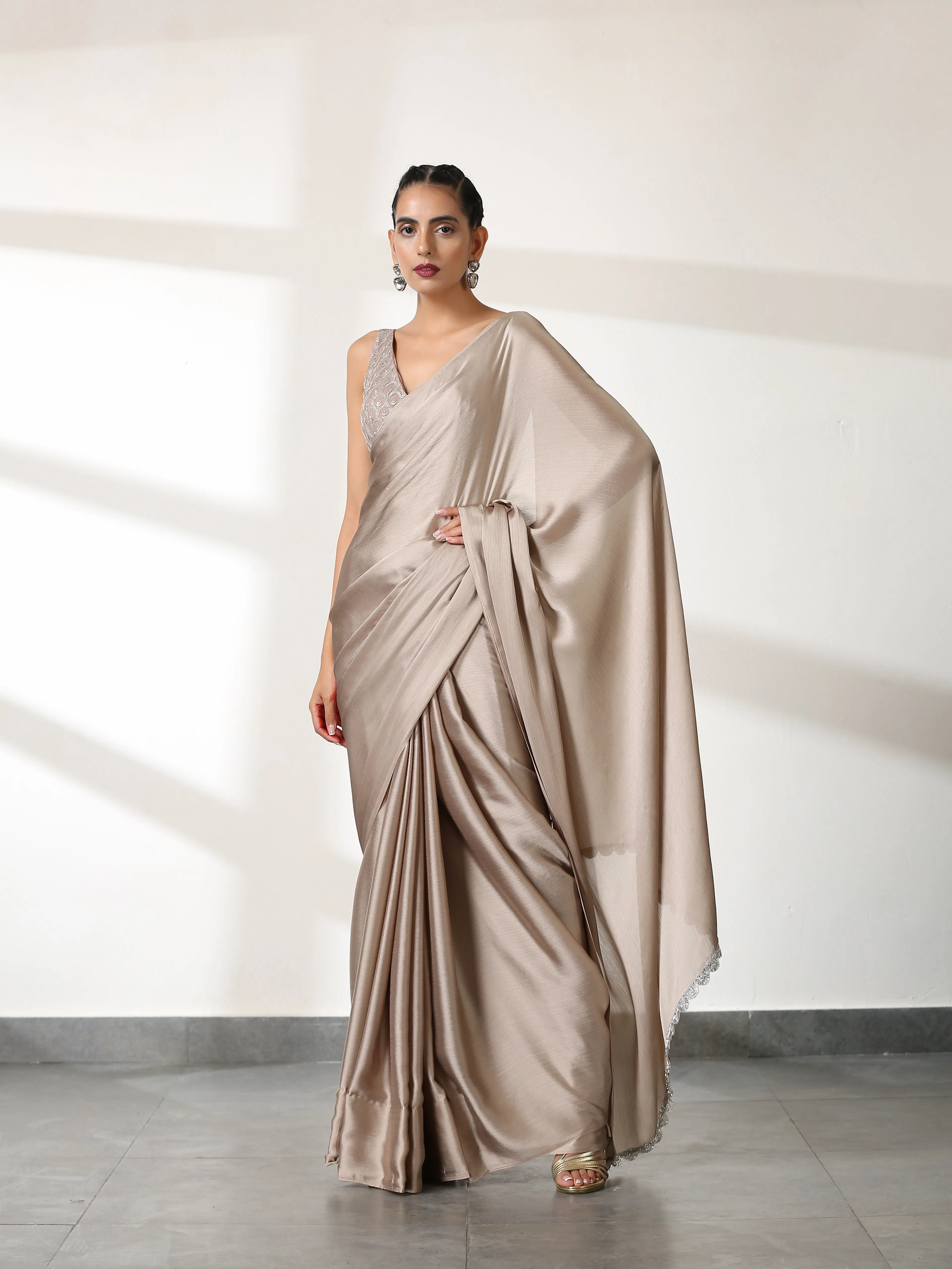 Burning Sand Butter Chiffon Saree with Embroidered Blouse Fabric