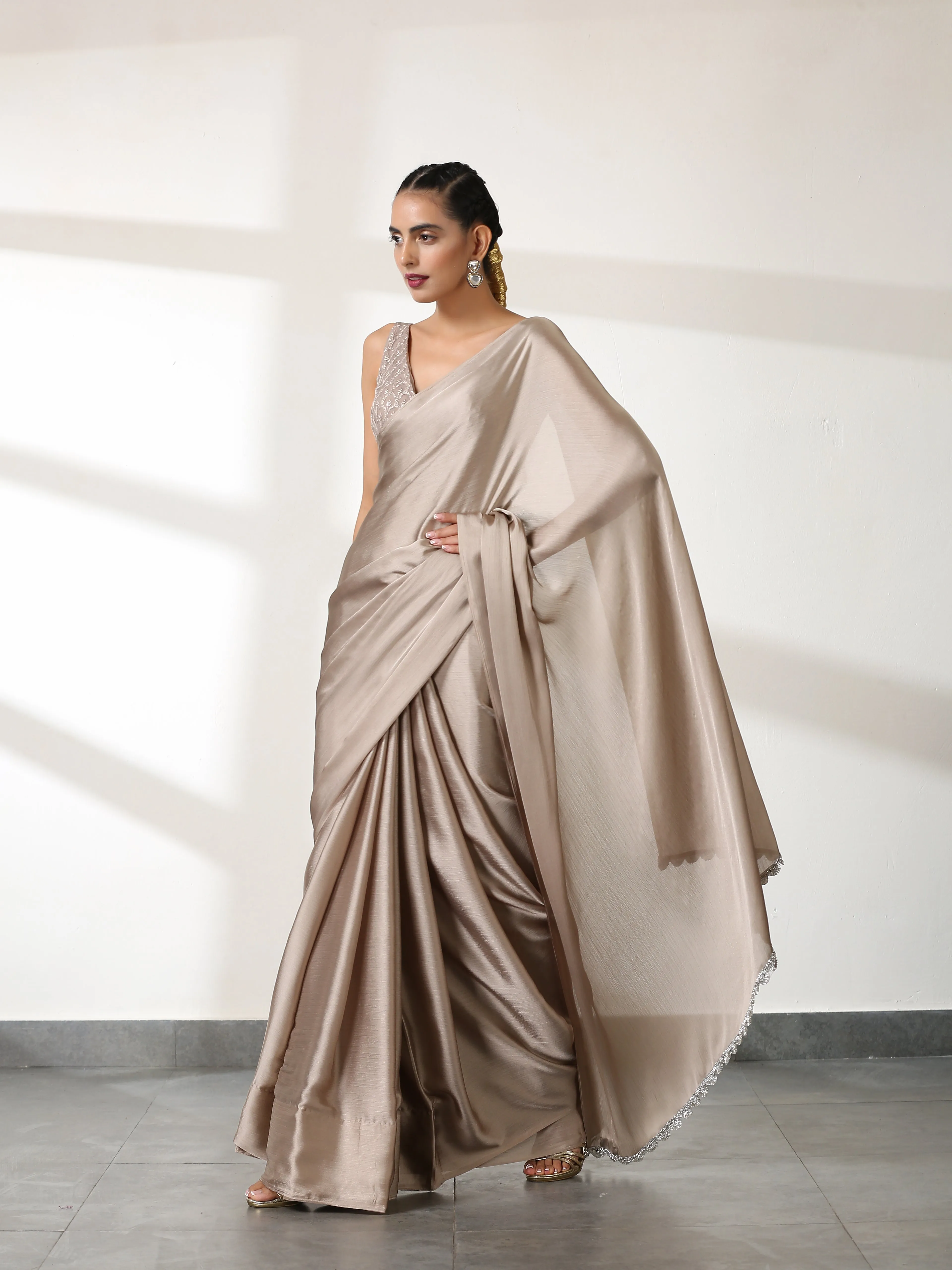 Burning Sand Butter Chiffon Saree with Embroidered Blouse Fabric