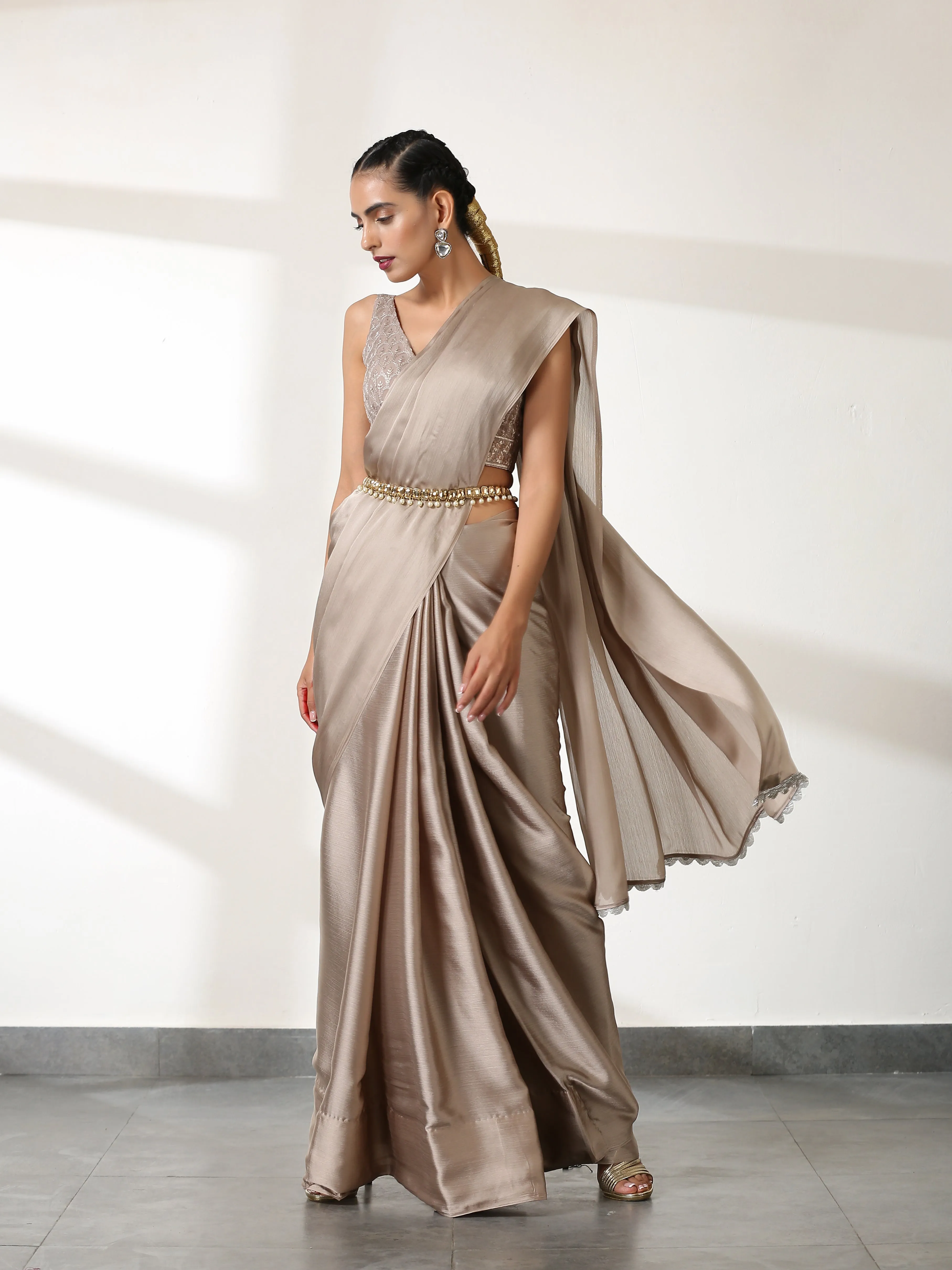 Burning Sand Butter Chiffon Saree with Embroidered Blouse Fabric