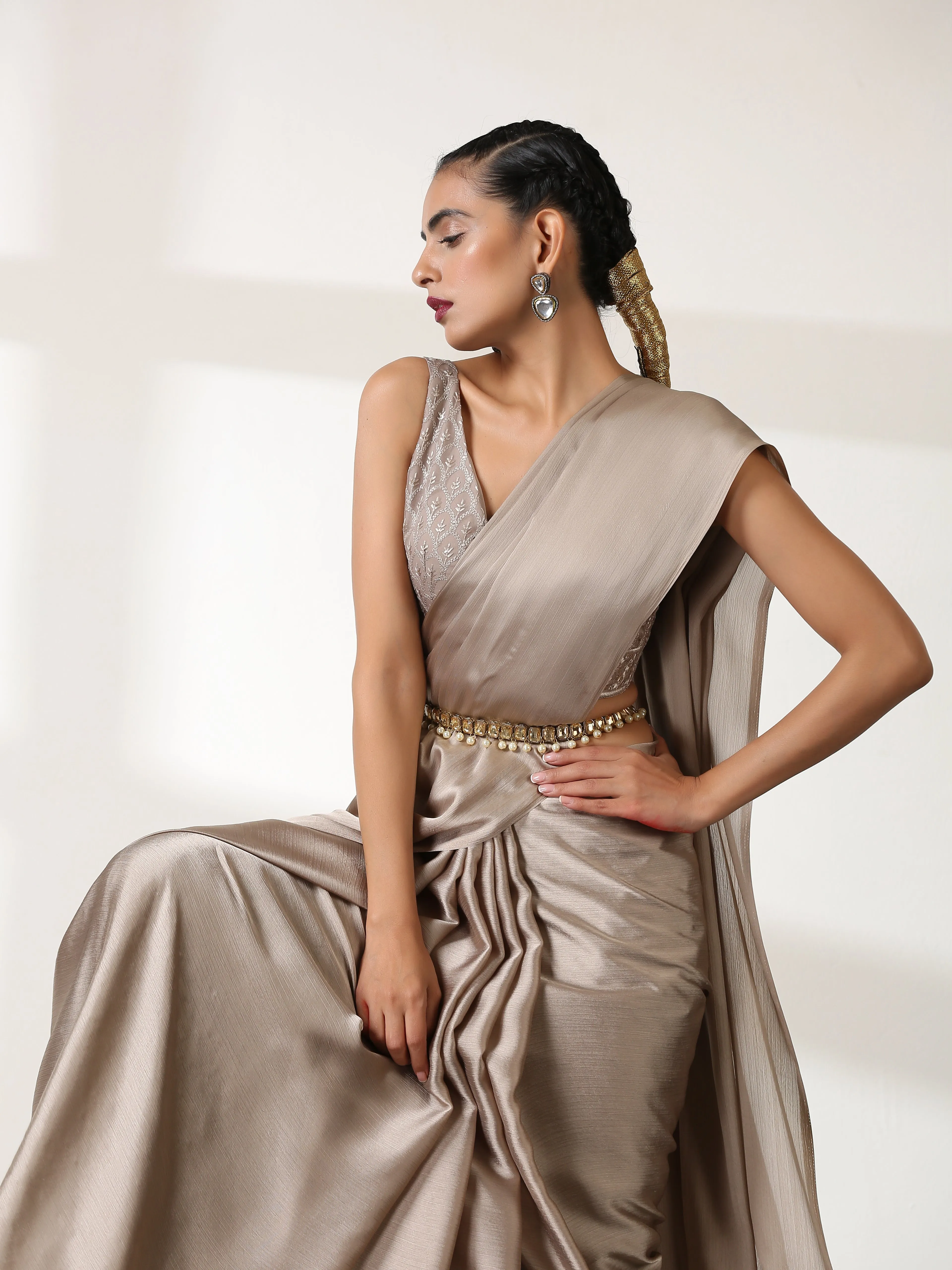 Burning Sand Butter Chiffon Saree with Embroidered Blouse Fabric