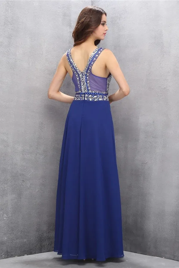 Chiffon Beading Royal Blue V-neck Long Elegant Prom Dress K619