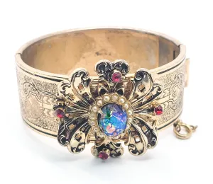 Coro Pegasus signed dichroic glass faux pearl taille d'épargne rhinestone cuff bracelet