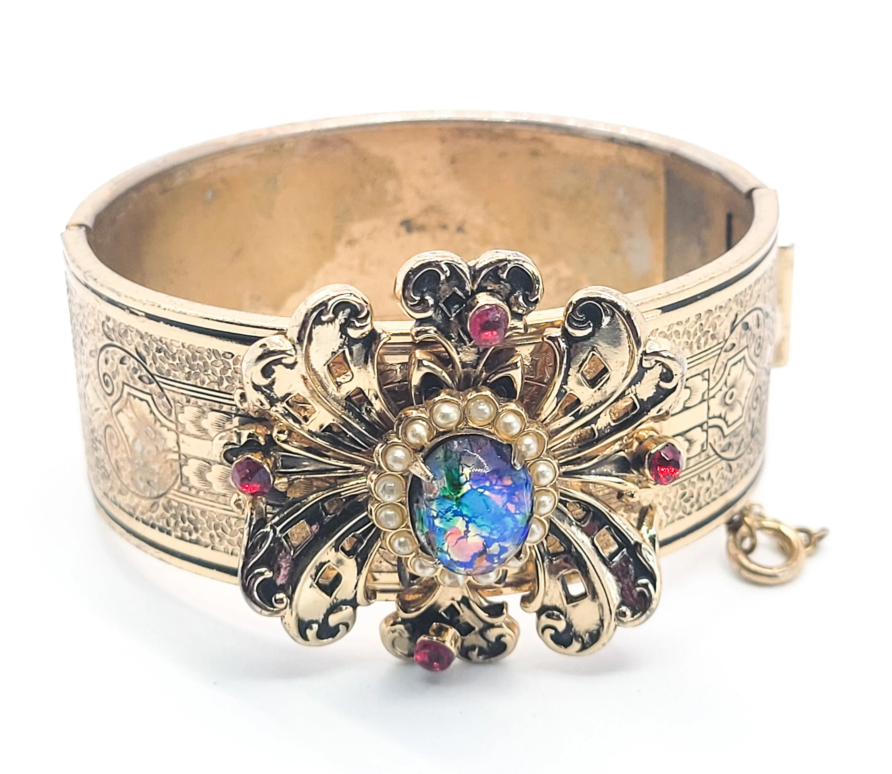 Coro Pegasus signed dichroic glass faux pearl taille d'épargne rhinestone cuff bracelet