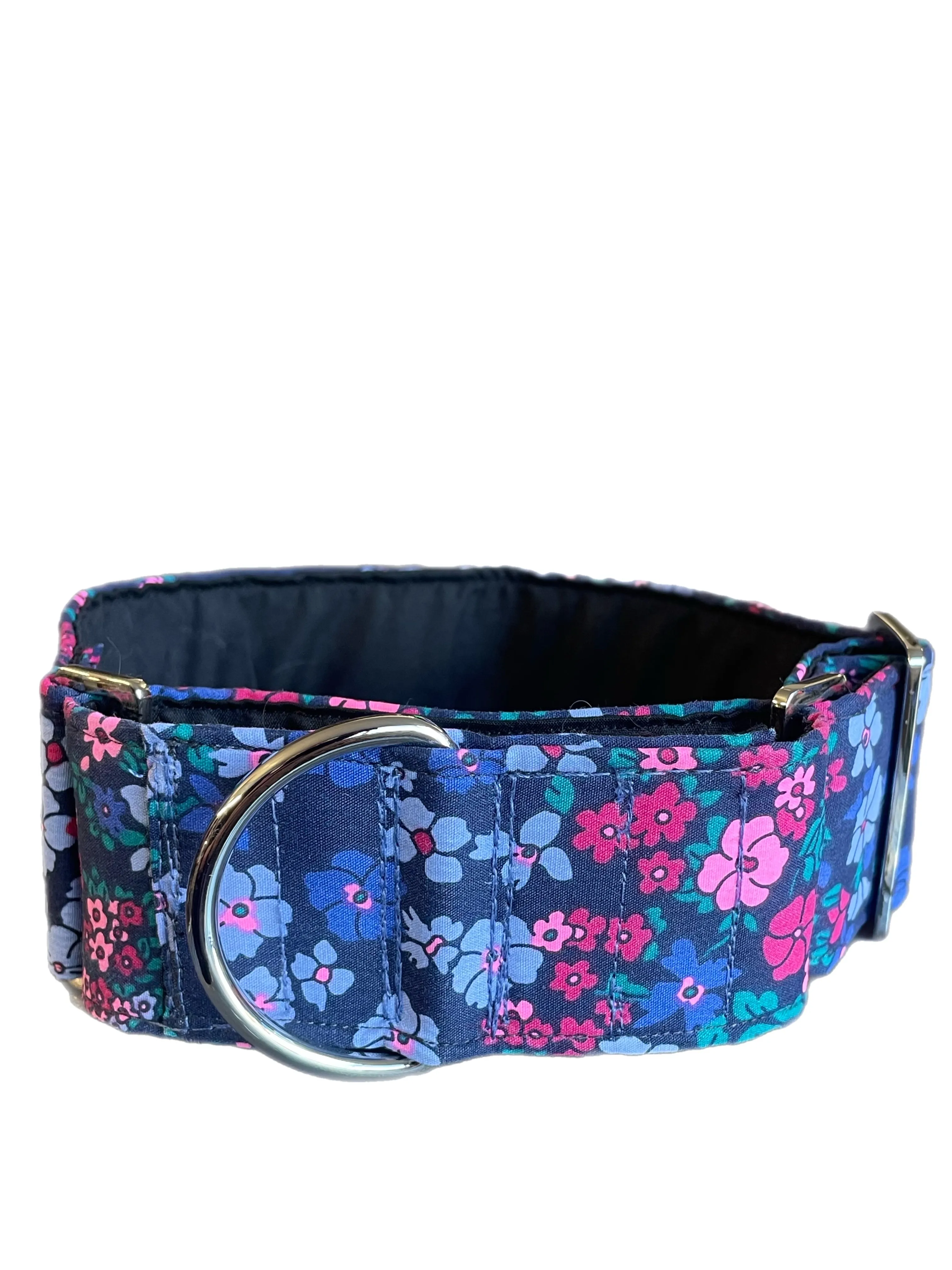 Cotton covered floral print on navy greyhound Martingale collar 50mm width, whippet 38mm