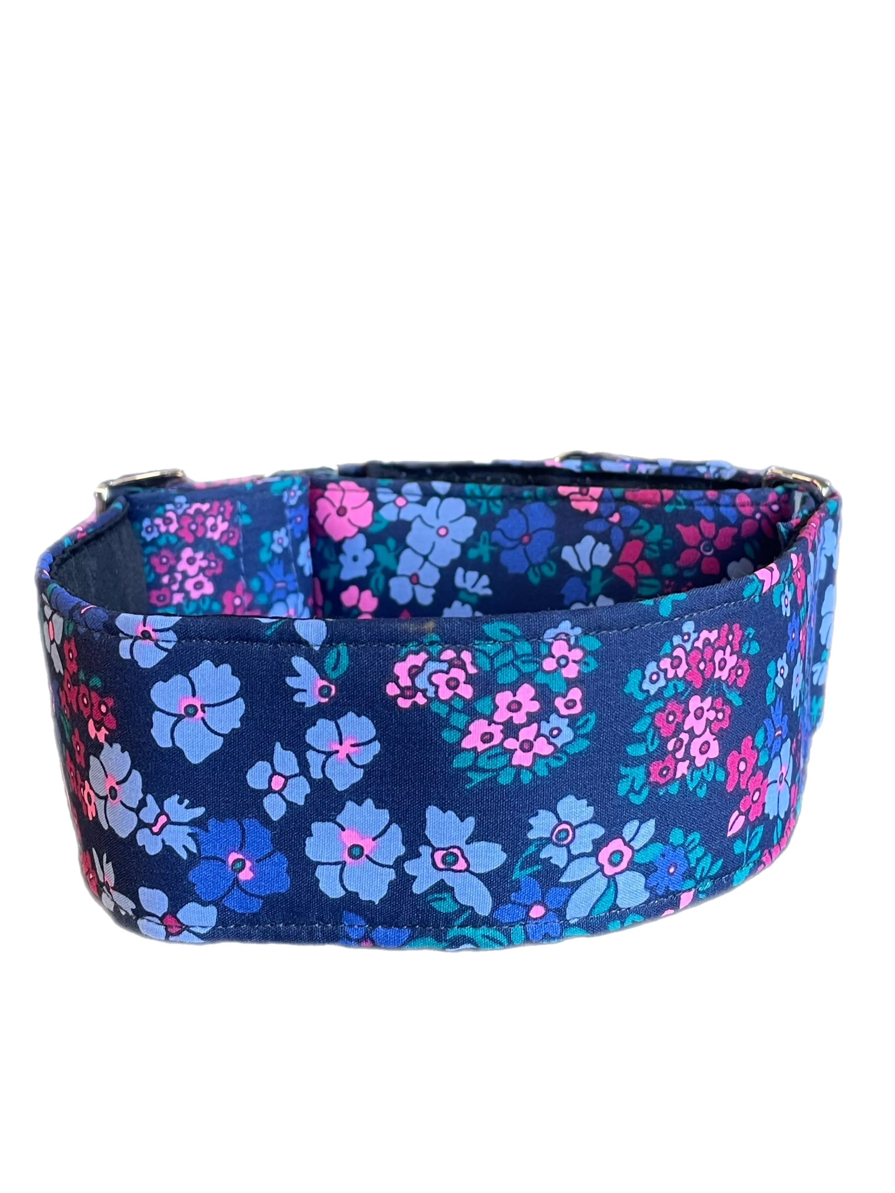 Cotton covered floral print on navy greyhound Martingale collar 50mm width, whippet 38mm