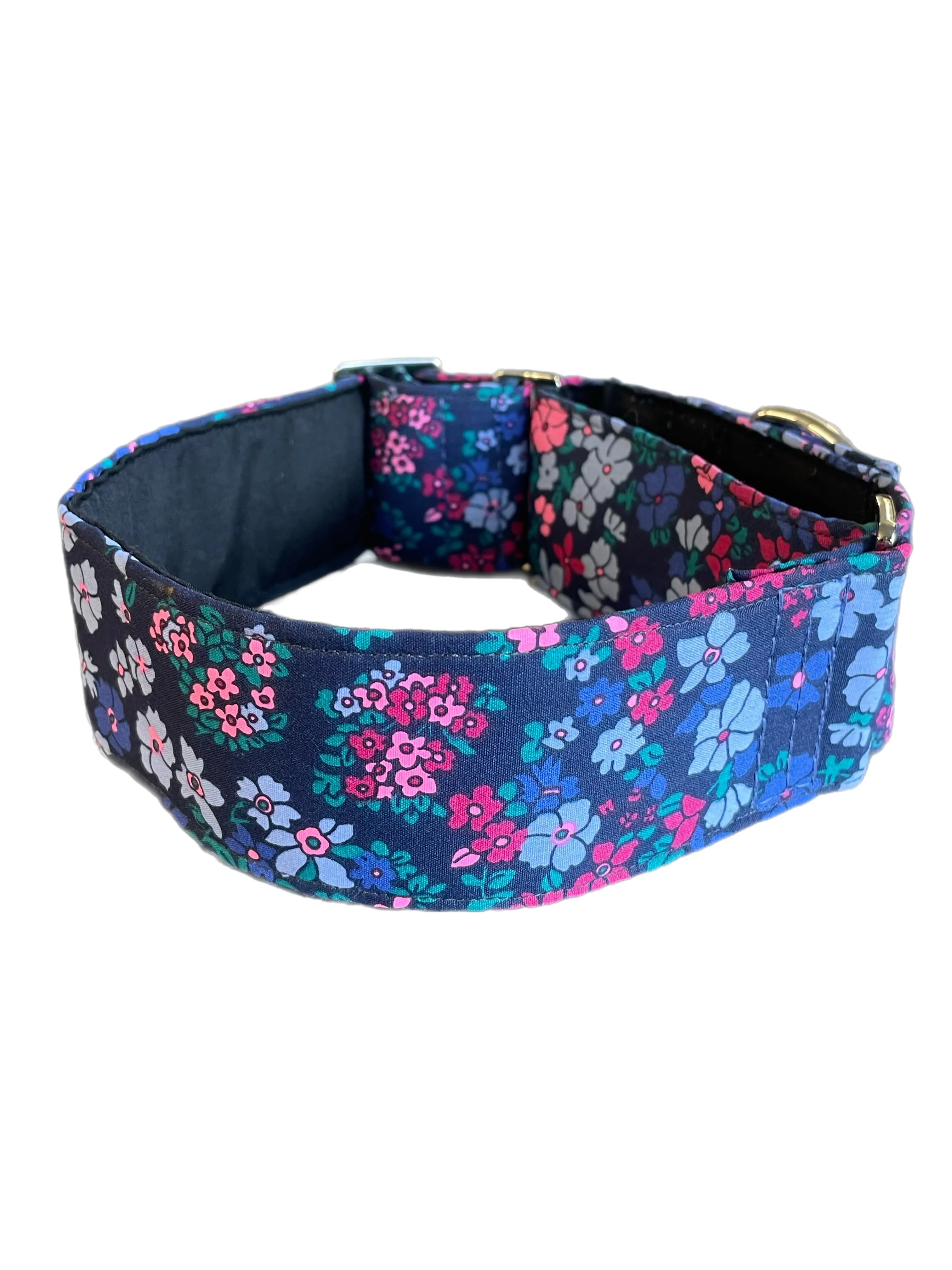 Cotton covered floral print on navy greyhound Martingale collar 50mm width, whippet 38mm