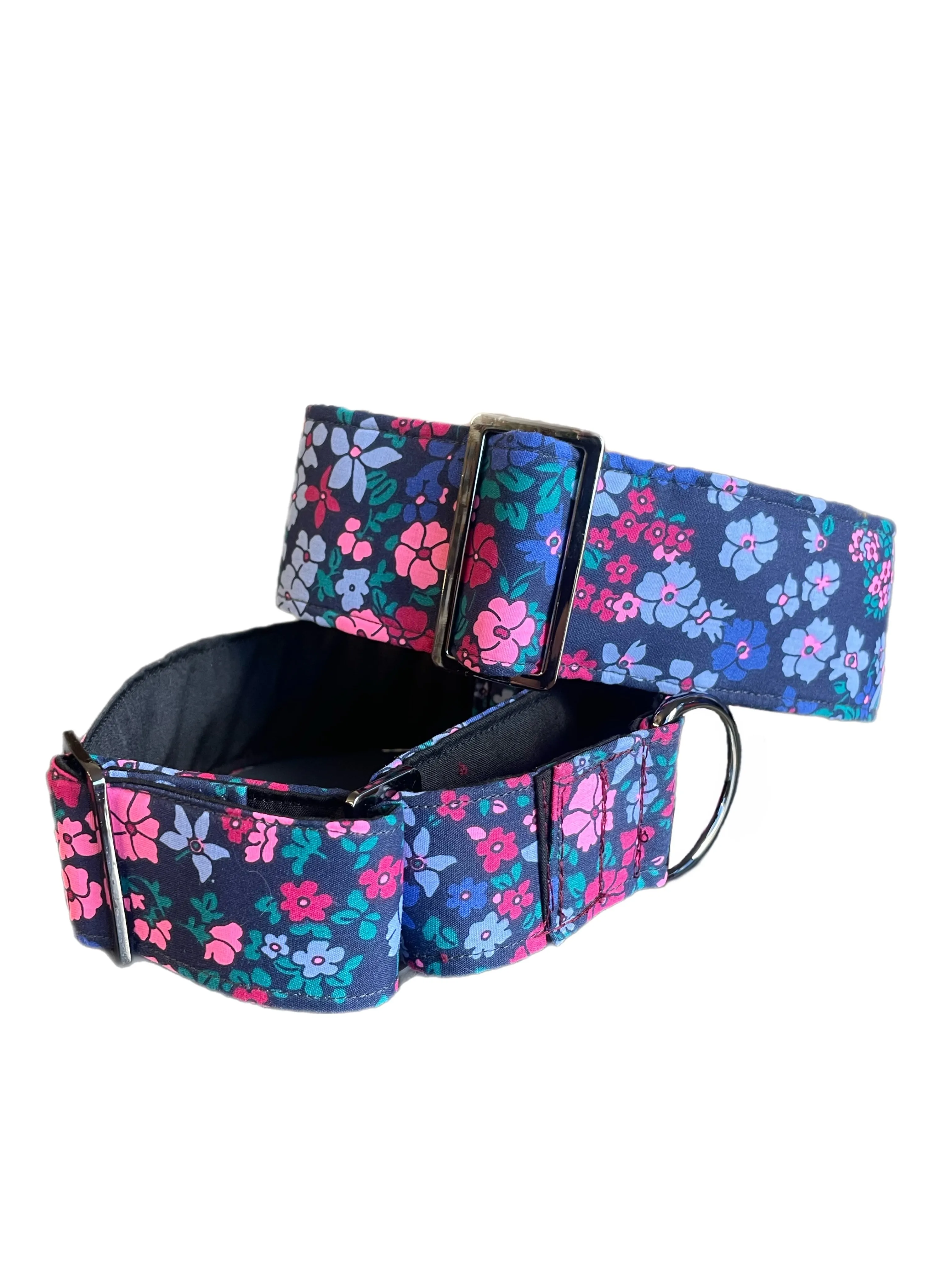 Cotton covered floral print on navy greyhound Martingale collar 50mm width, whippet 38mm