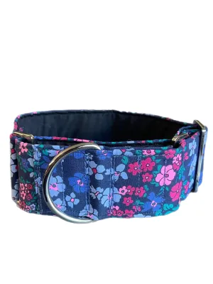 Cotton covered floral print on navy greyhound Martingale collar 50mm width, whippet 38mm