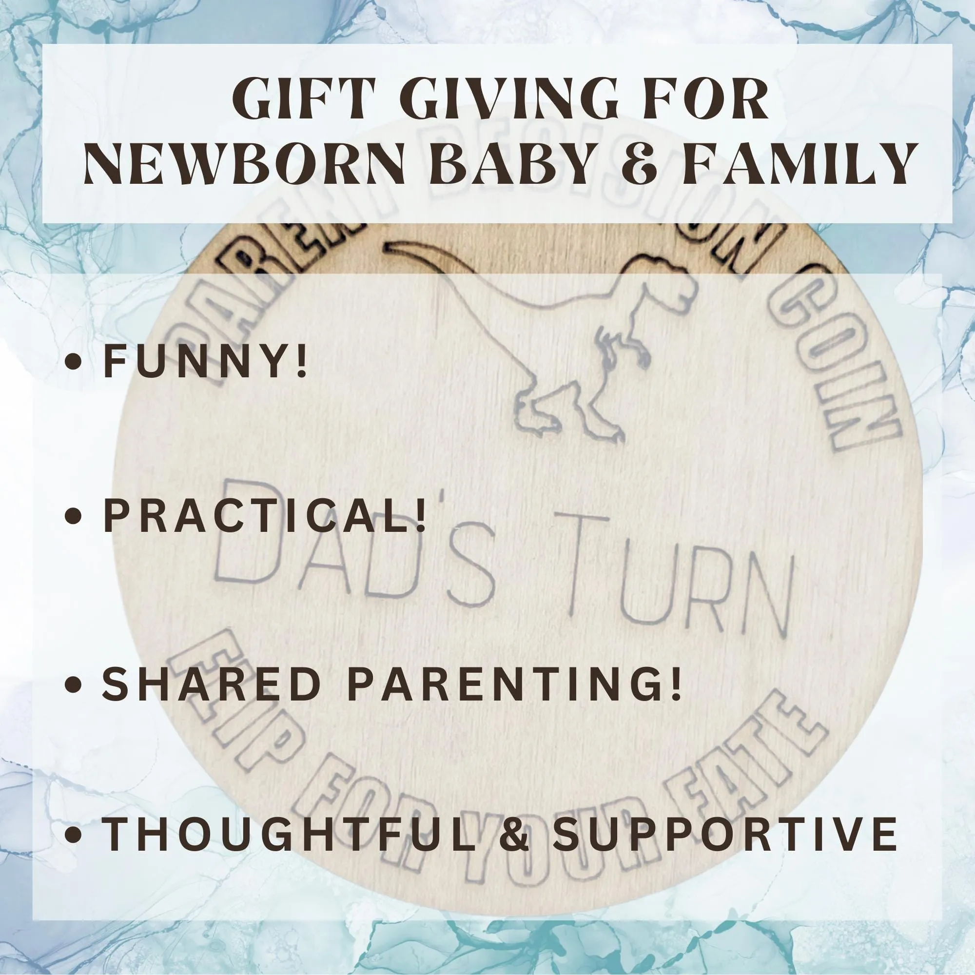 Dinosaur Themed Wooden Parent Decision Coin – 3x3 Inches Engraved Baby Design | Custom Name "Mom's Turn" & "Dad's Turn" New Parent Gift
