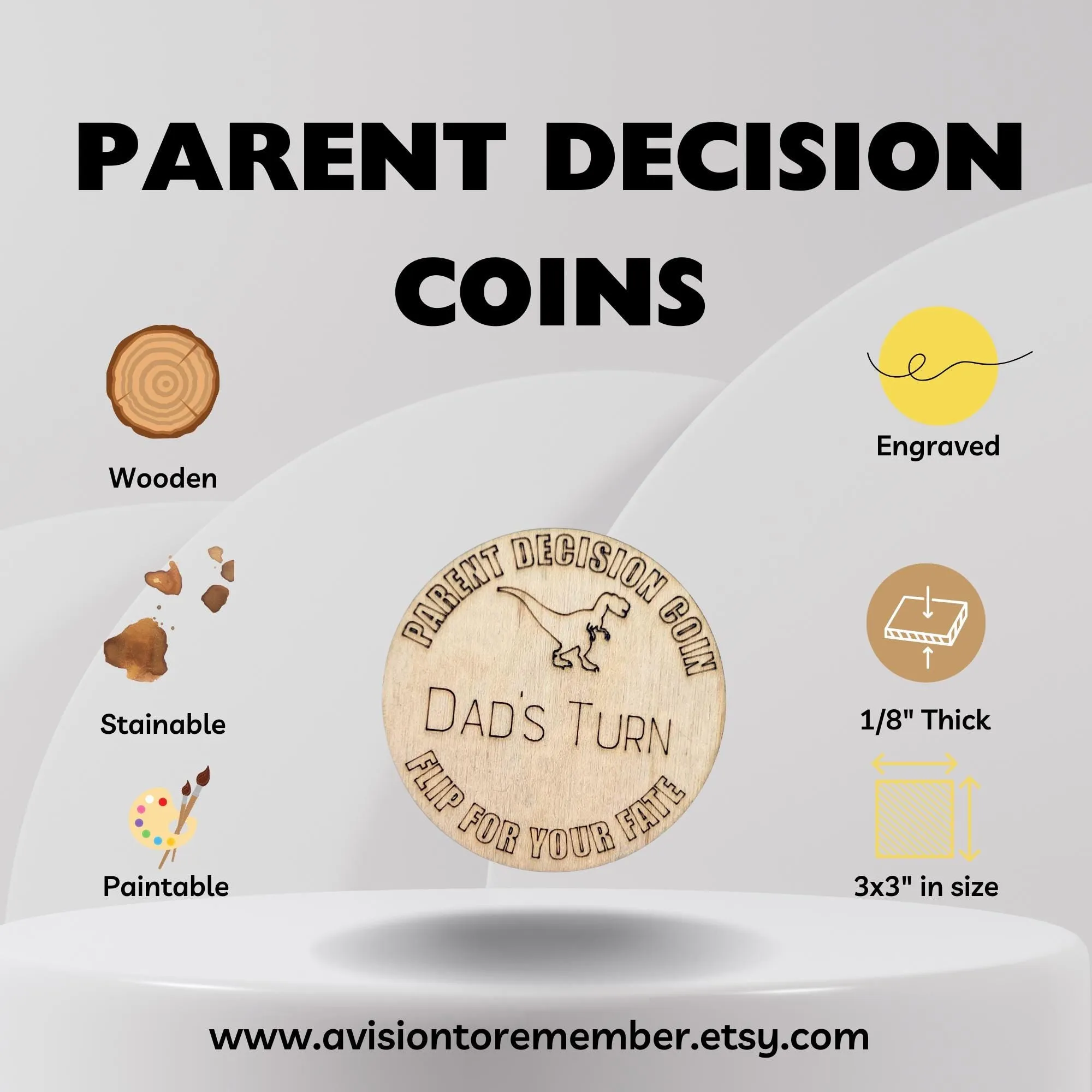 Dinosaur Themed Wooden Parent Decision Coin – 3x3 Inches Engraved Baby Design | Custom Name "Mom's Turn" & "Dad's Turn" New Parent Gift