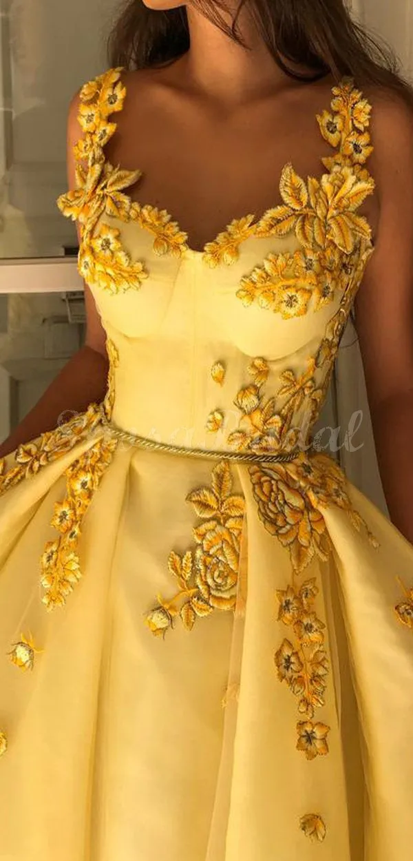 Elegant Baby Yellow A-line Floral Long Prom Dress, Ball Gown, PD1420