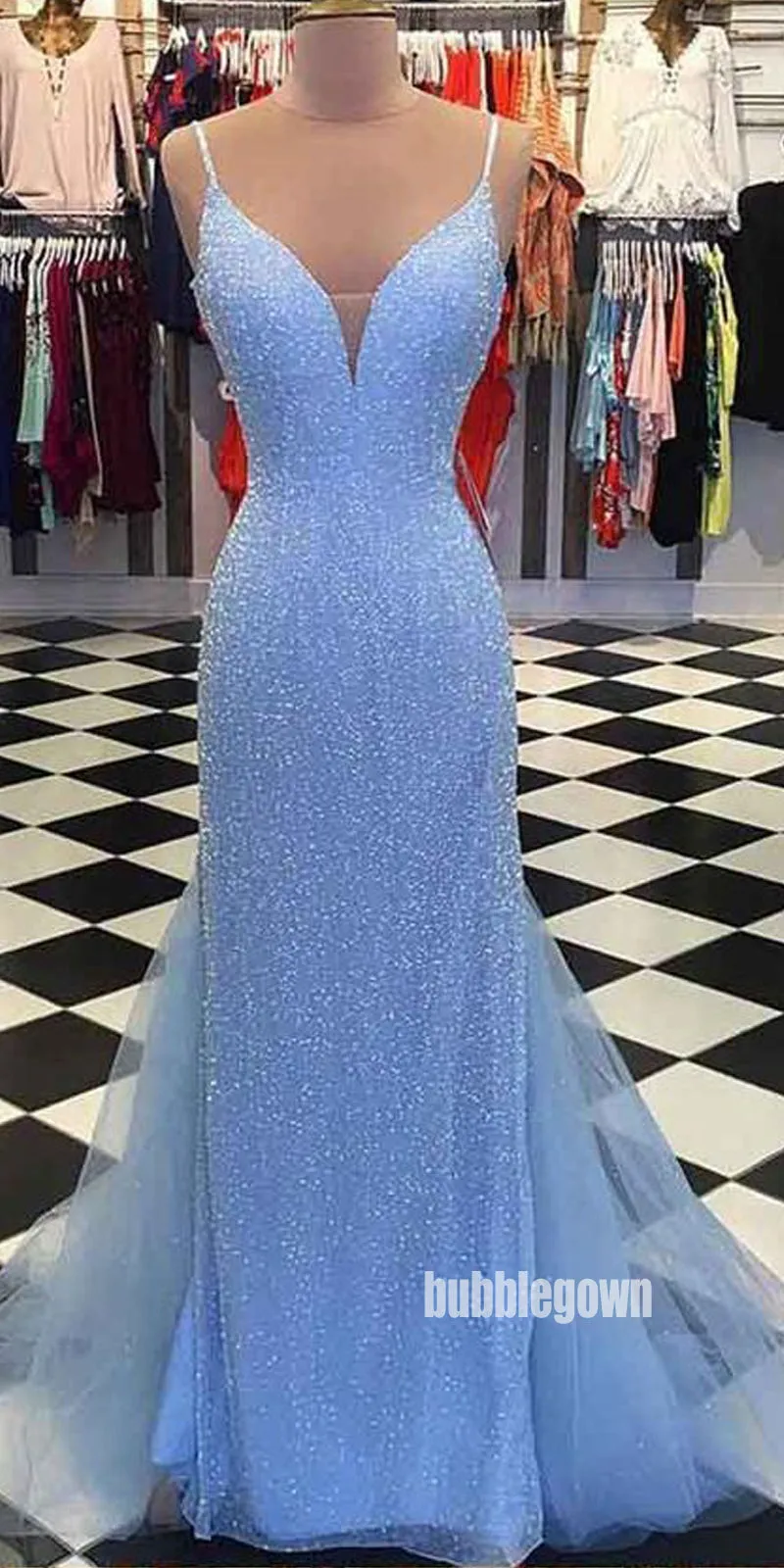 Elegant Blue Spaghetti Straps Tulle Long Prom Dresses FP1218
