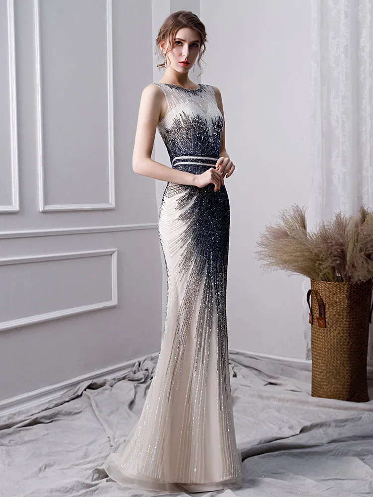 Elegant Mermaid Long Tulle Beading Prom Dress OKL24