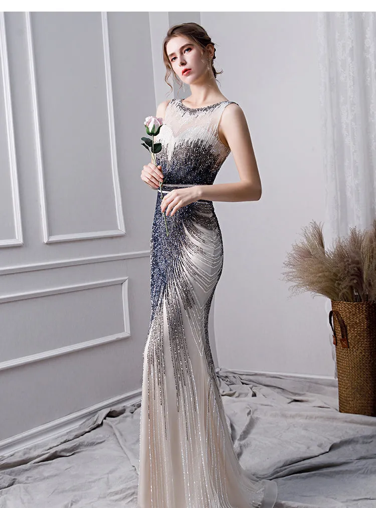 Elegant Mermaid Long Tulle Beading Prom Dress OKL24