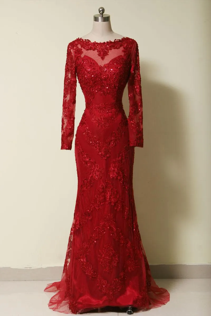 Elegant Red Mermaid Long Sleeves Gown, Red Long Formal Dress
