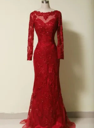 Elegant Red Mermaid Long Sleeves Gown, Red Long Formal Dress