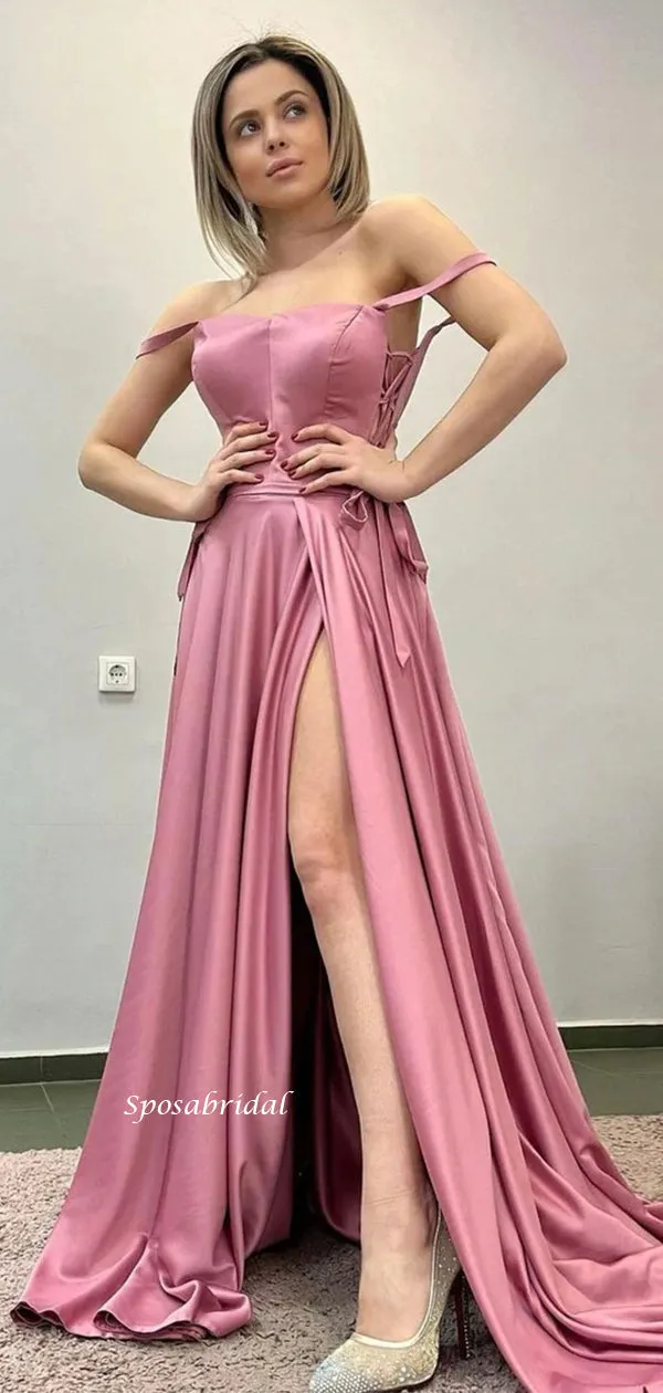 Elegant Sexy Off-shoulder Spaghetti Straps Side-slit A-line Long Prom Dress, PD3510