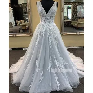 Elegant V-neck Applique Tulle Long Prom Dresses FP1178