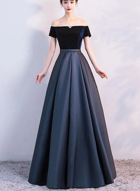 Elegant Velvet and Satin Off Shoulder Floor Length Party Dress, Blue Evening Gowns, Party Dress