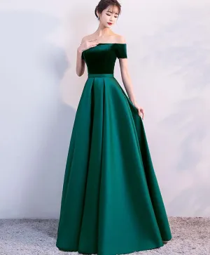 Elegant Velvet and Satin Off Shoulder Floor Length Party Dress, Blue Evening Gowns, Party Dress