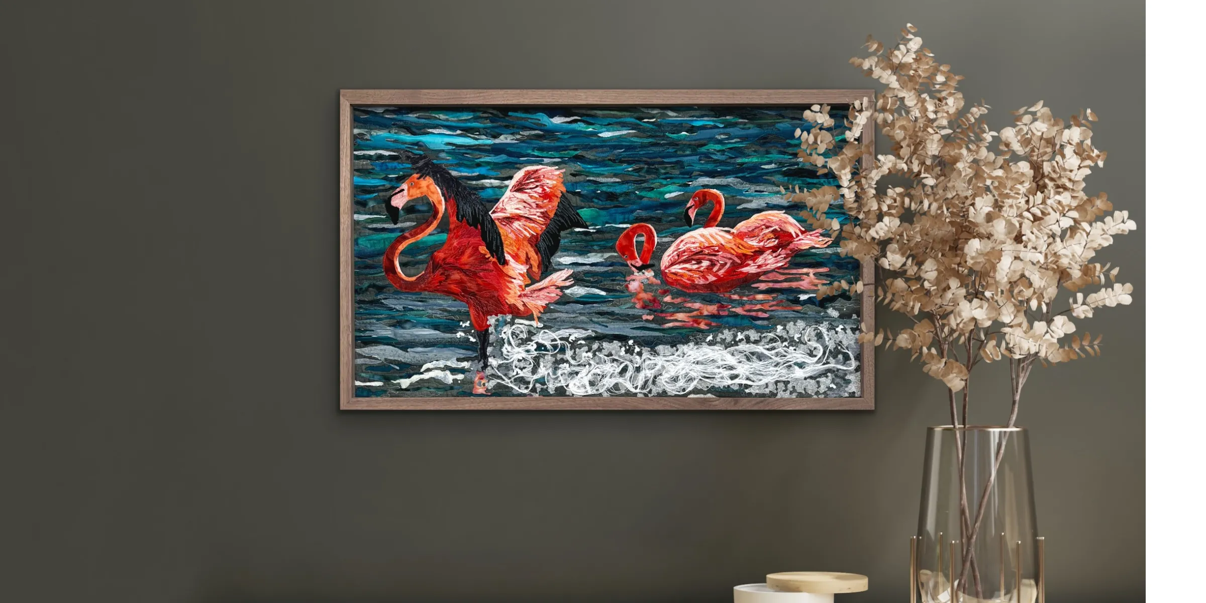 Flamingo Arrival Textile Art