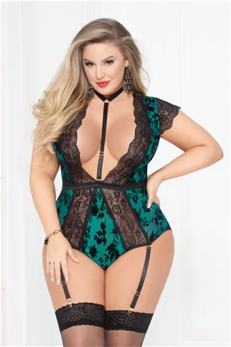 Flocked Mesh Bodysuit W/garter - Green - 1x2x