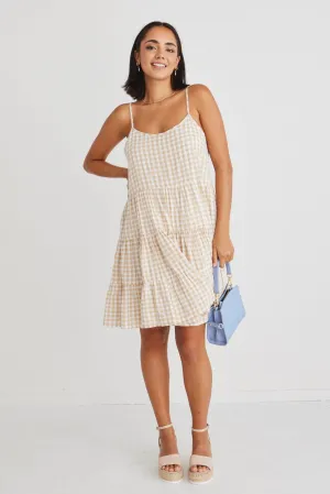 Garden Sand Gingham Strappy Tiered Empire Mini Dress