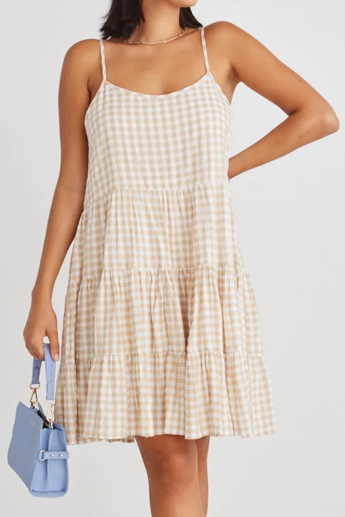 Garden Sand Gingham Strappy Tiered Empire Mini Dress