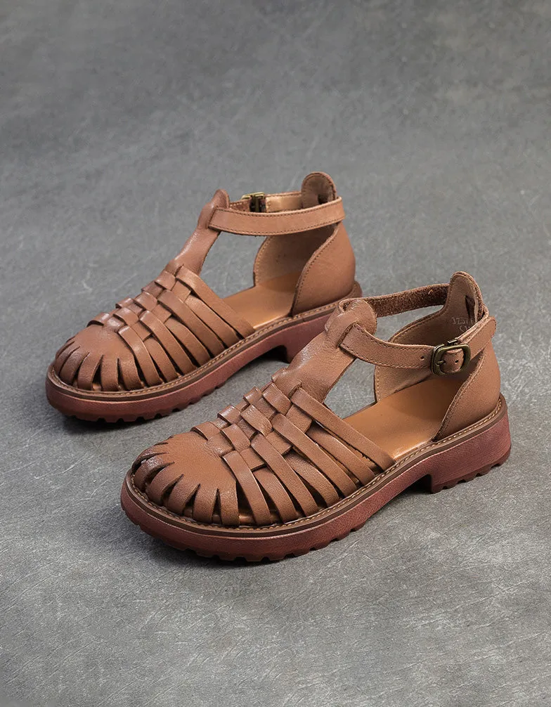 Genuine Leather Woven T-strap Fishermen Sandals