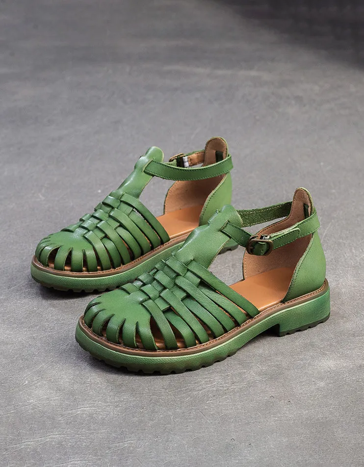 Genuine Leather Woven T-strap Fishermen Sandals
