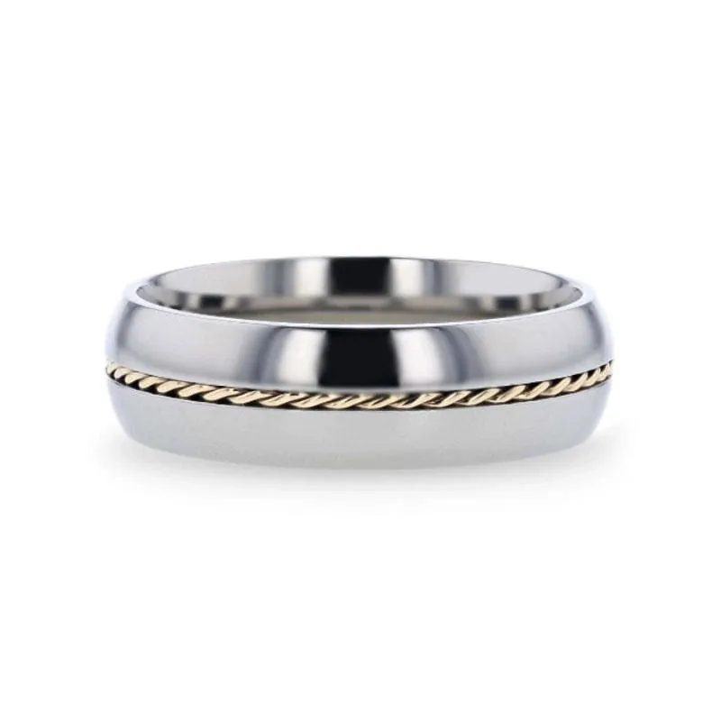 GOLDEN Men's Domed Titanium Ring With 14k Yellow Gold Braided Inlay - 8mm