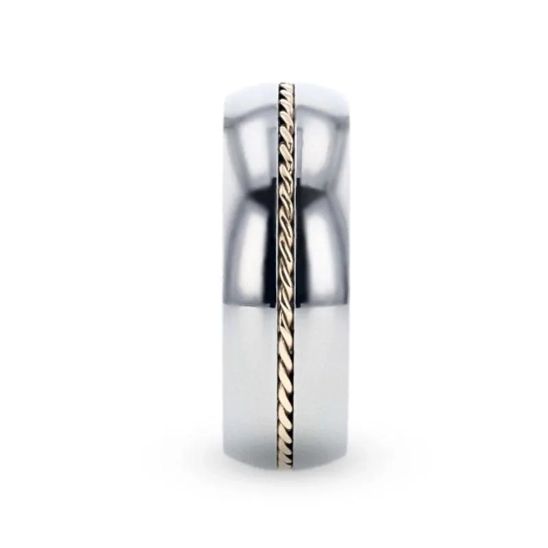 GOLDEN Men's Domed Titanium Ring With 14k Yellow Gold Braided Inlay - 8mm