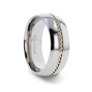 GOLDEN Men's Domed Titanium Ring With 14k Yellow Gold Braided Inlay - 8mm