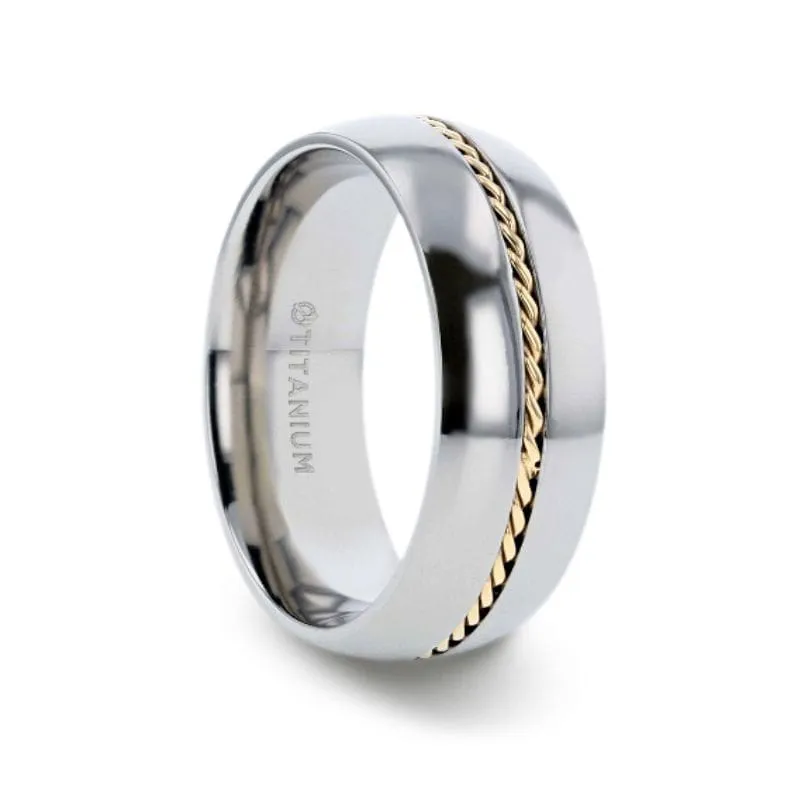 GOLDEN Men's Domed Titanium Ring With 14k Yellow Gold Braided Inlay - 8mm