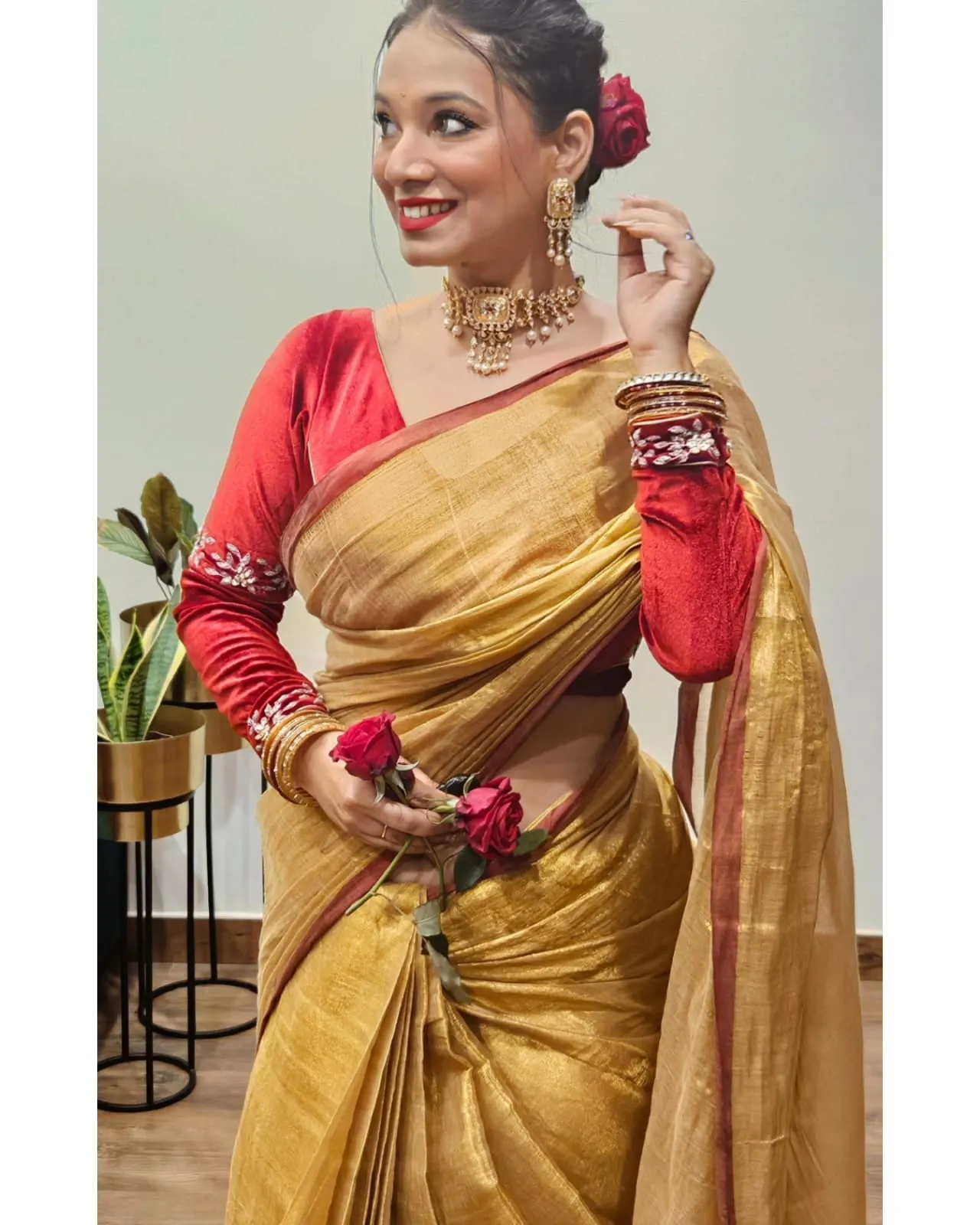 Golden Tissue Silk Saree With Blouse