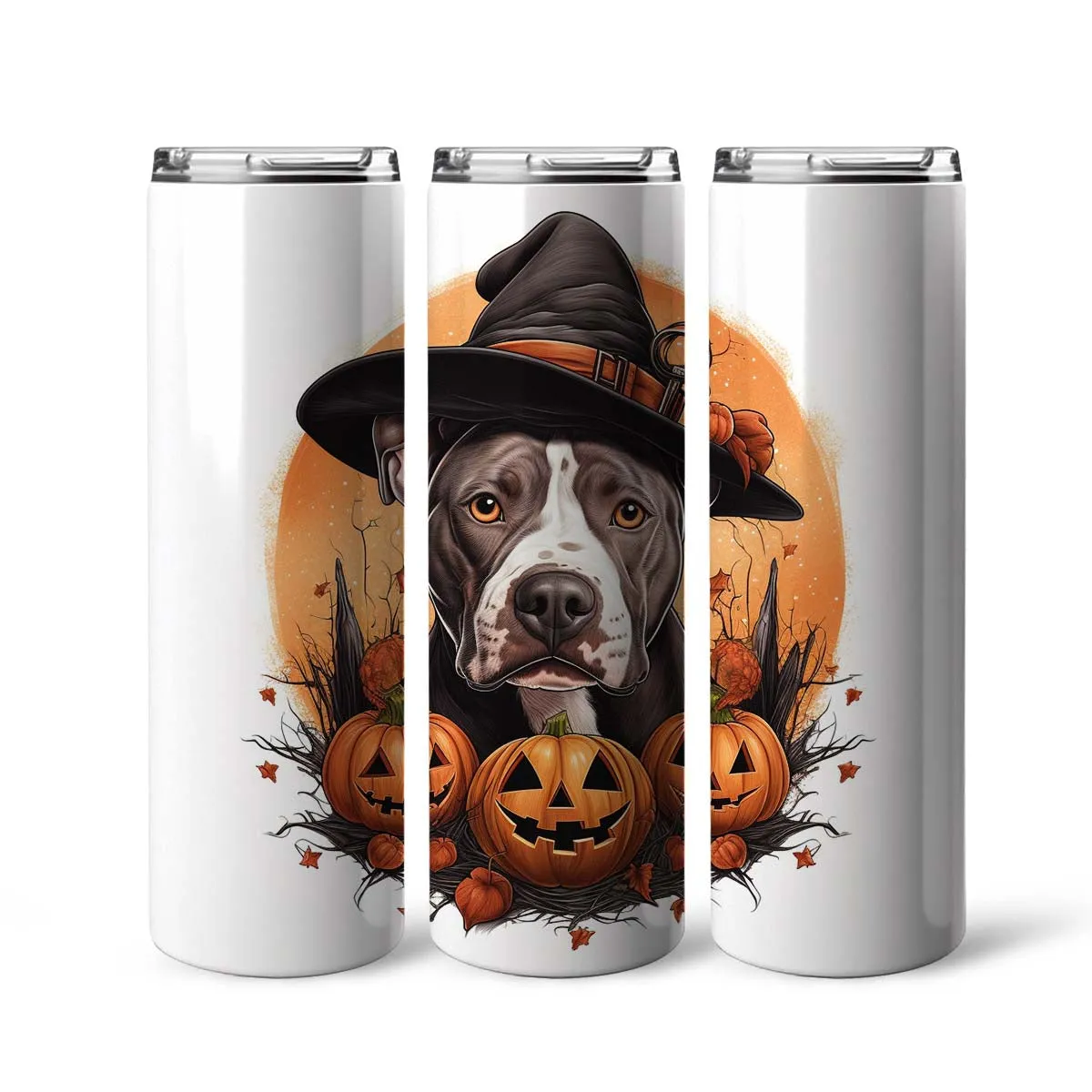 Happy Halloween Pit Bull With Pumpkin 20oz Skinny Tumbler, Pit Bull Tumbler, Pets Dog Lover, Dog Mom Dog Dad, Vibrant Tumbler, Trending Tumbler