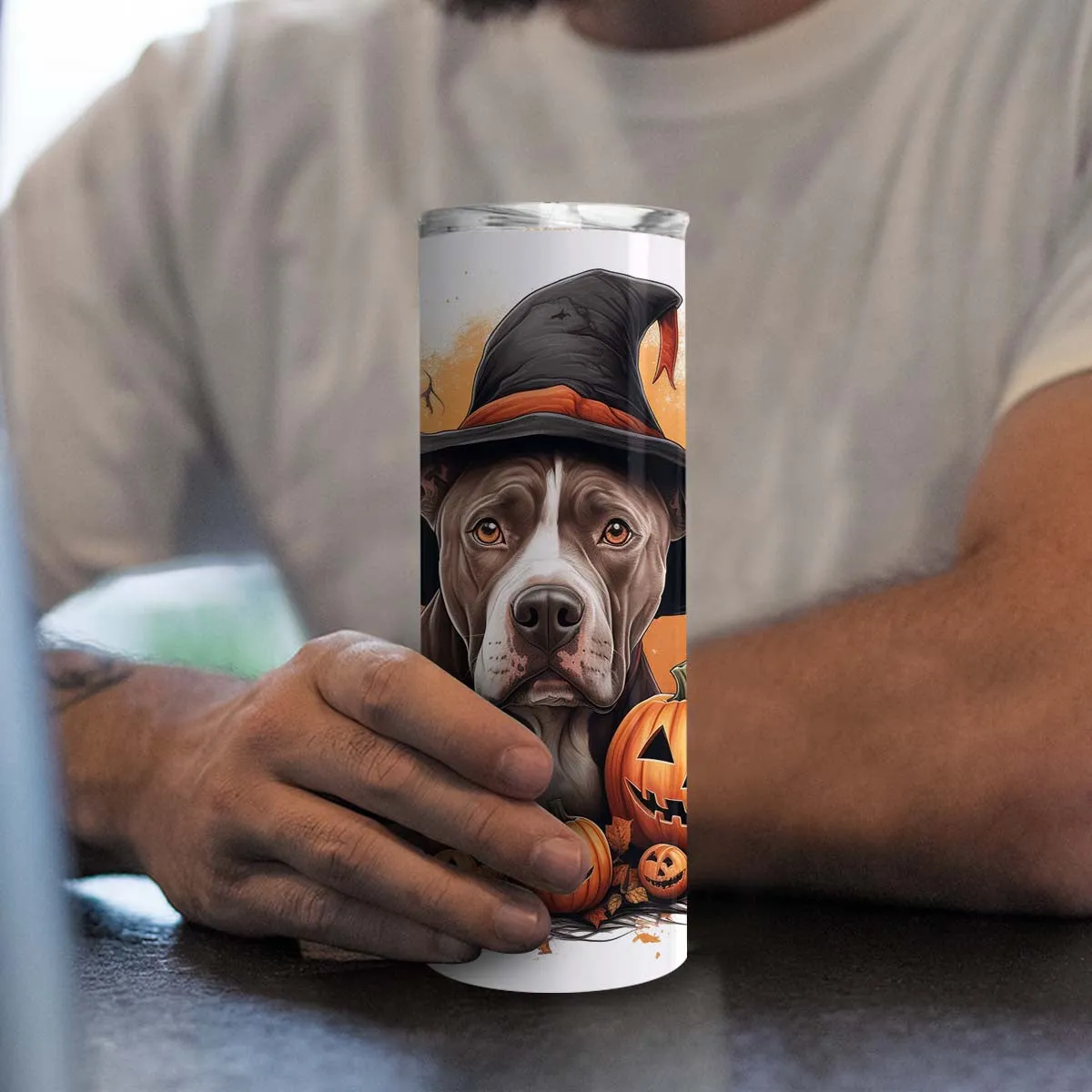Happy Halloween Pit Bull With Pumpkin 20oz Skinny Tumbler, Pit Bull Tumbler, Pets Dog Lover, Dog Mom Dog Dad, Vibrant Tumbler, Trending Tumbler