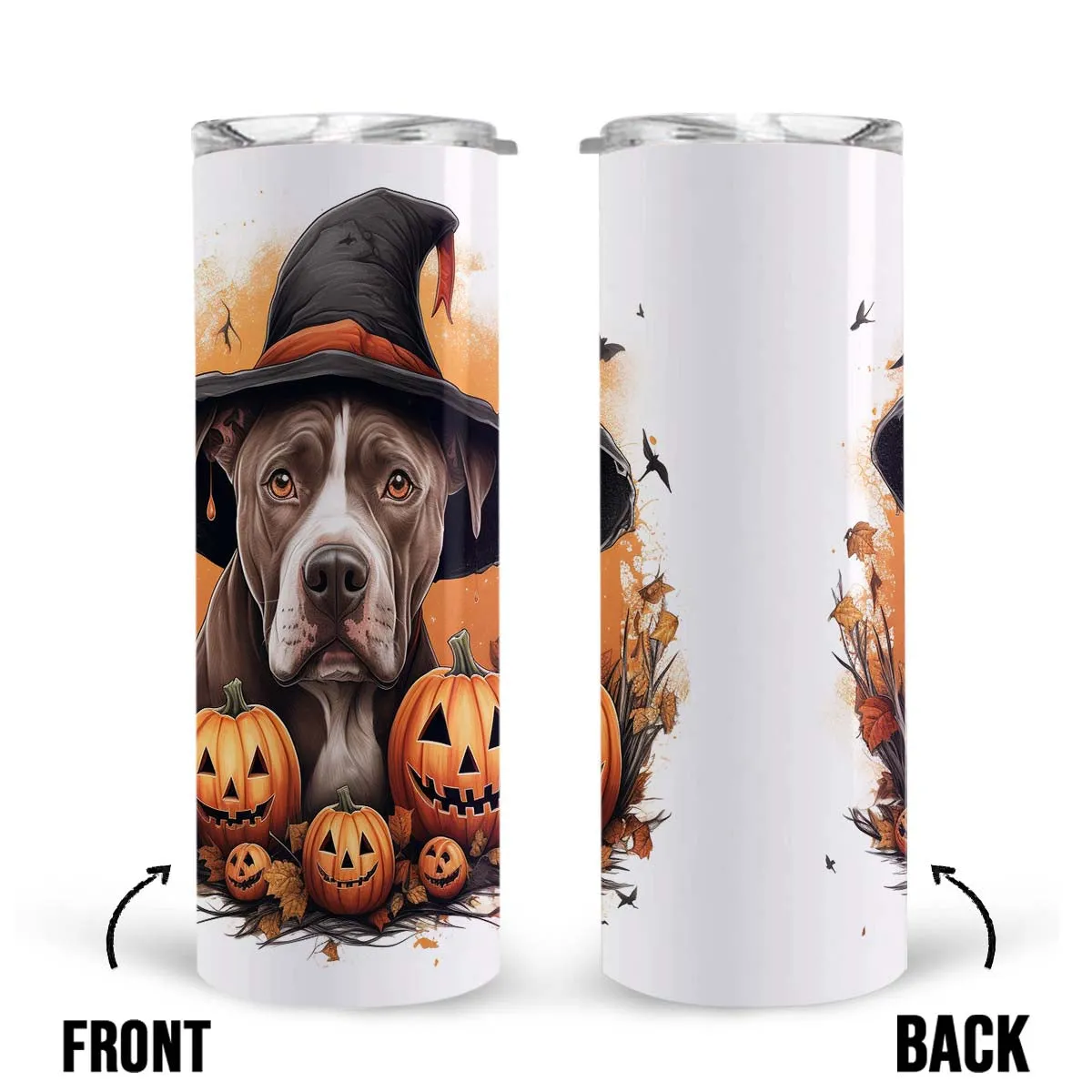 Happy Halloween Pit Bull With Pumpkin 20oz Skinny Tumbler, Pit Bull Tumbler, Pets Dog Lover, Dog Mom Dog Dad, Vibrant Tumbler, Trending Tumbler