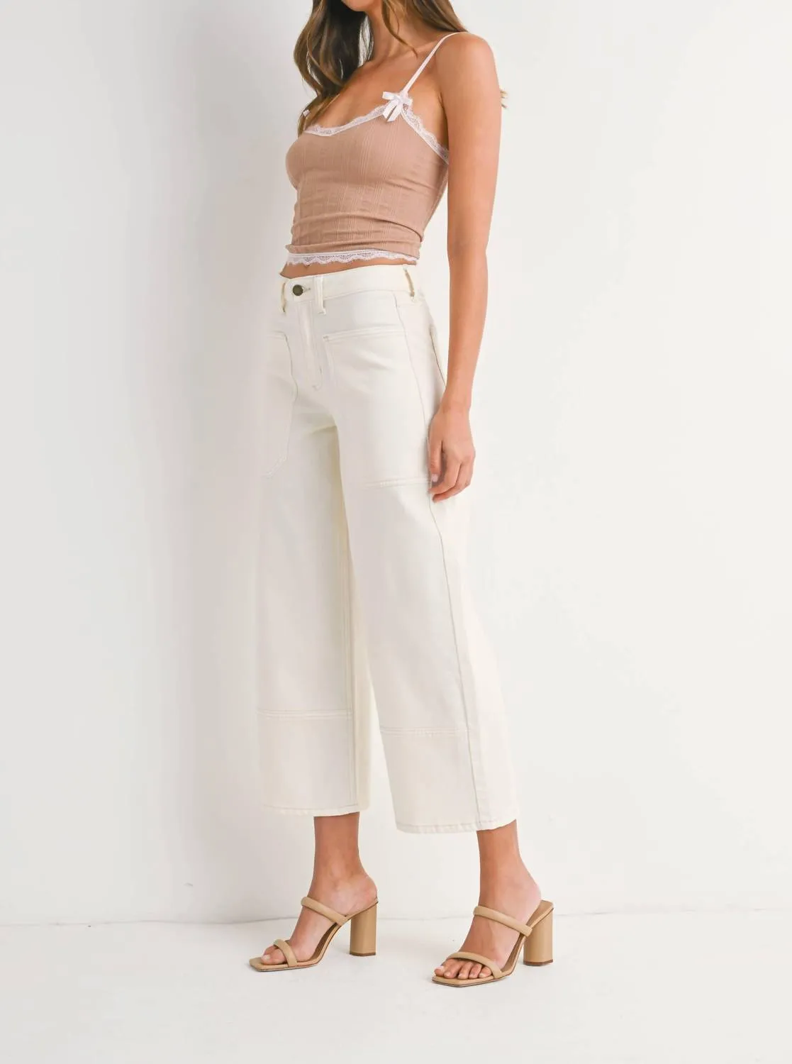 High Rise Cropped Wide Leg Jeans In Off White