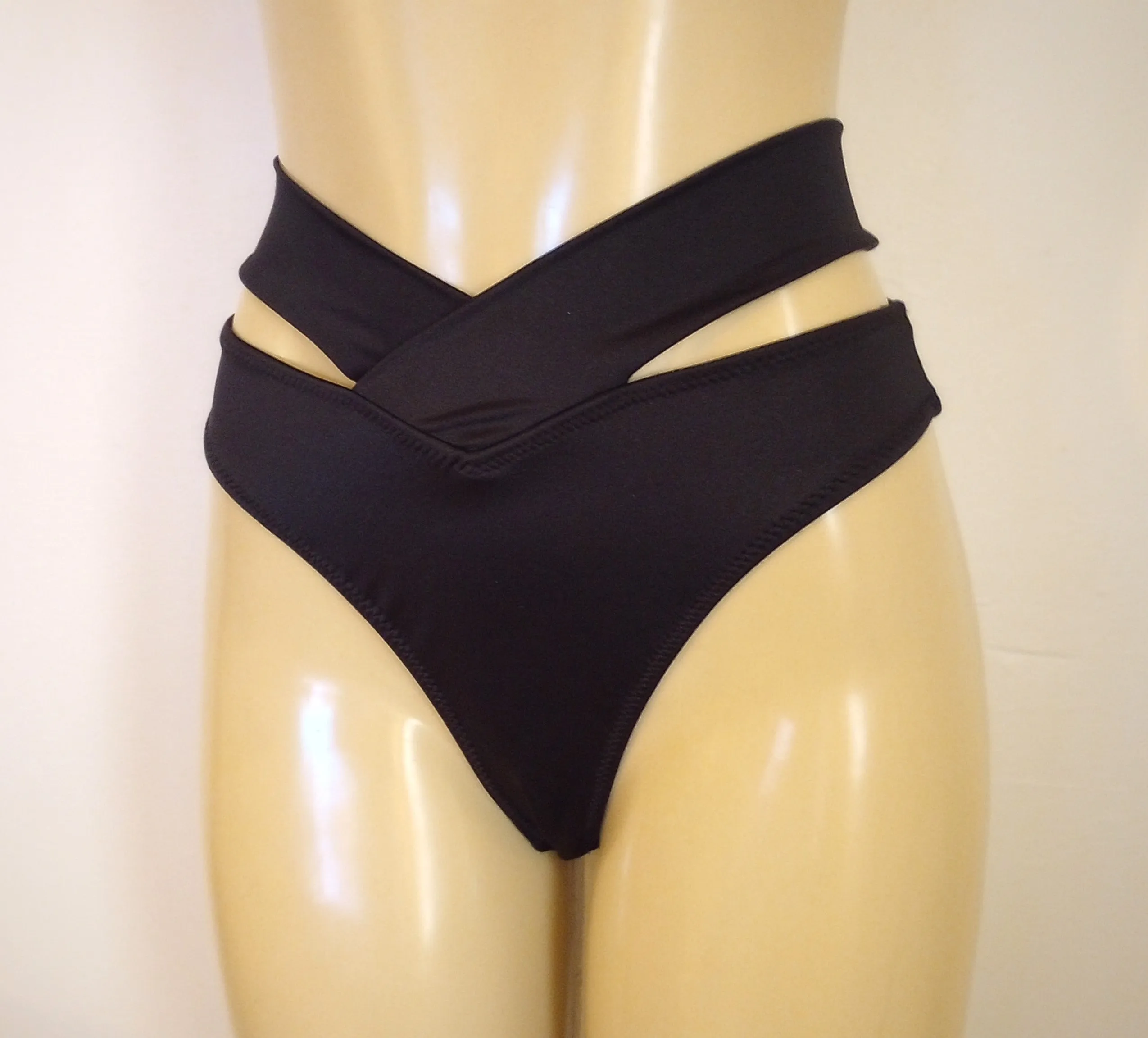 High Waisted Thong Strappy Crossover Band Bikini Bottom