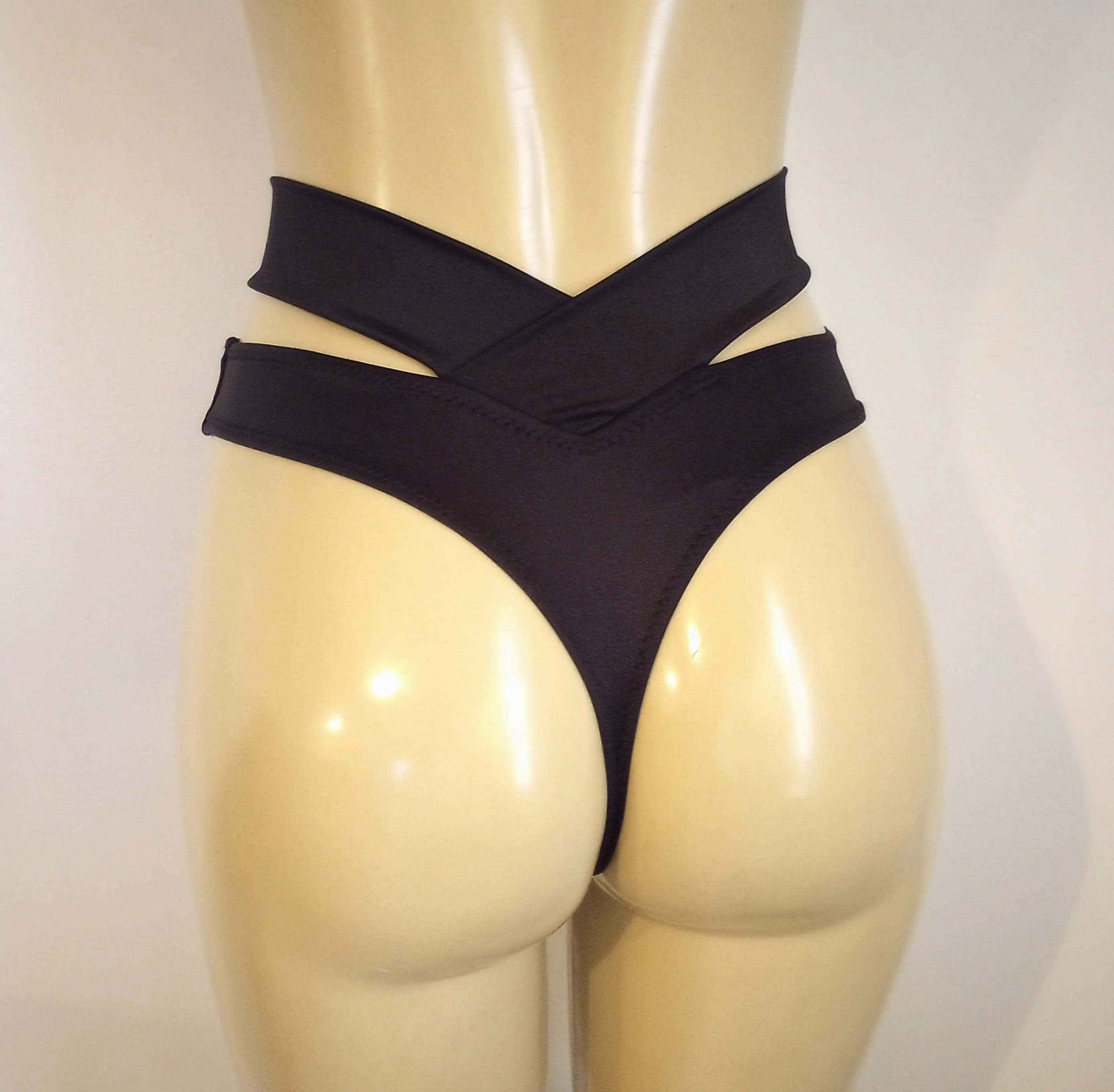 High Waisted Thong Strappy Crossover Band Bikini Bottom