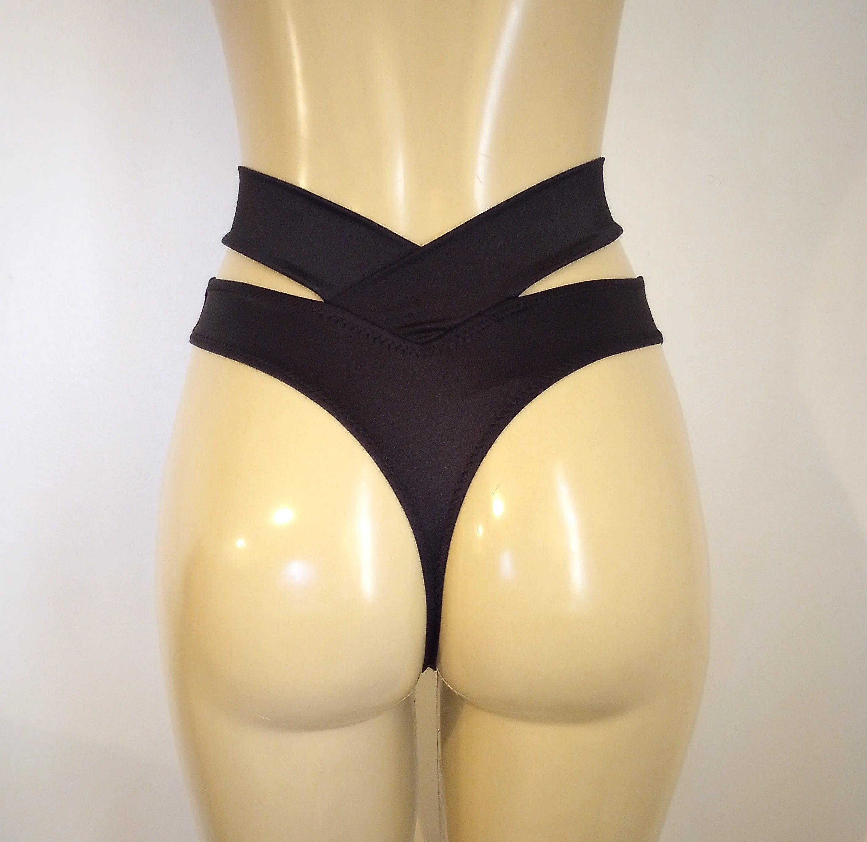High Waisted Thong Strappy Crossover Band Bikini Bottom