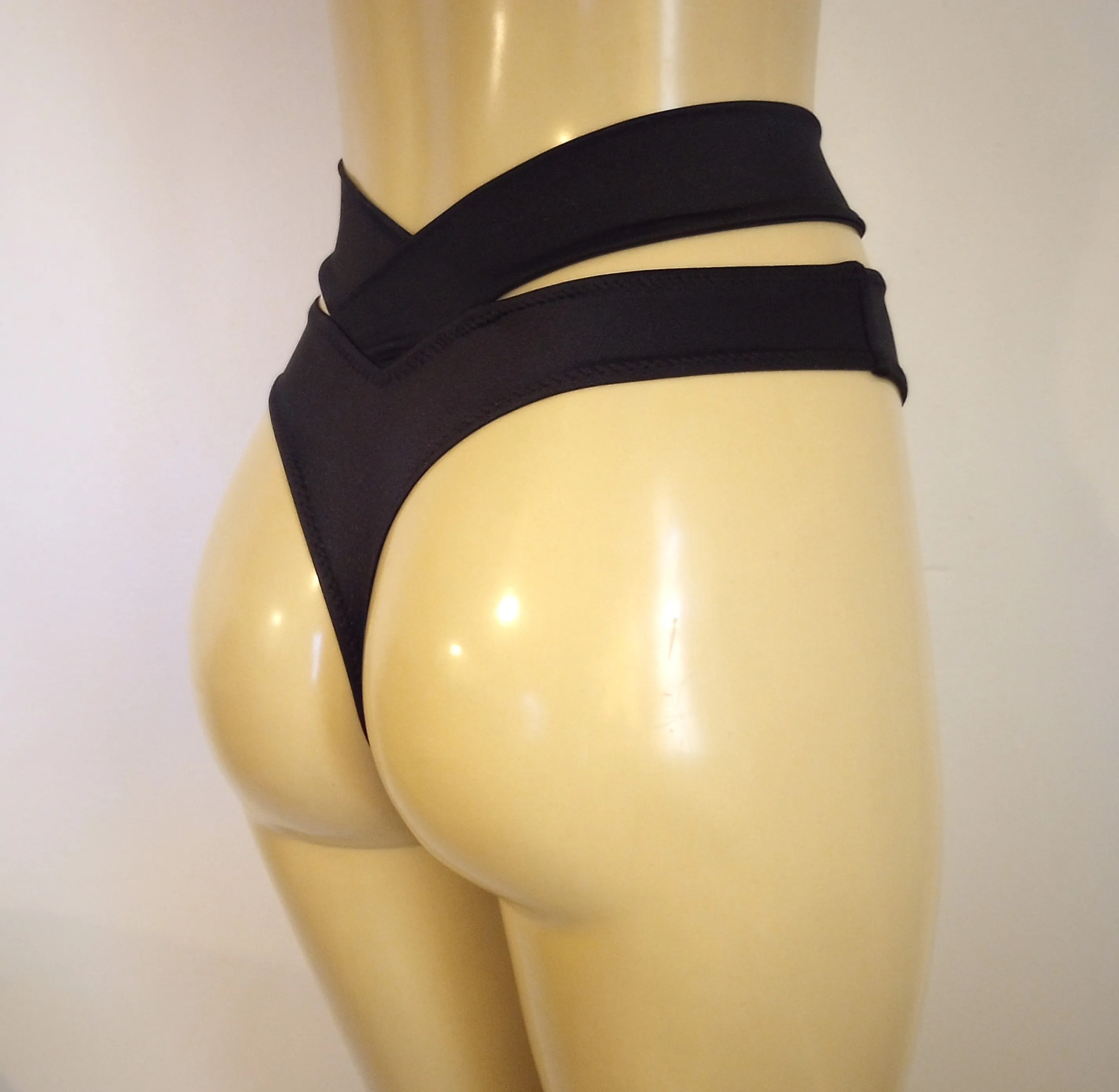 High Waisted Thong Strappy Crossover Band Bikini Bottom