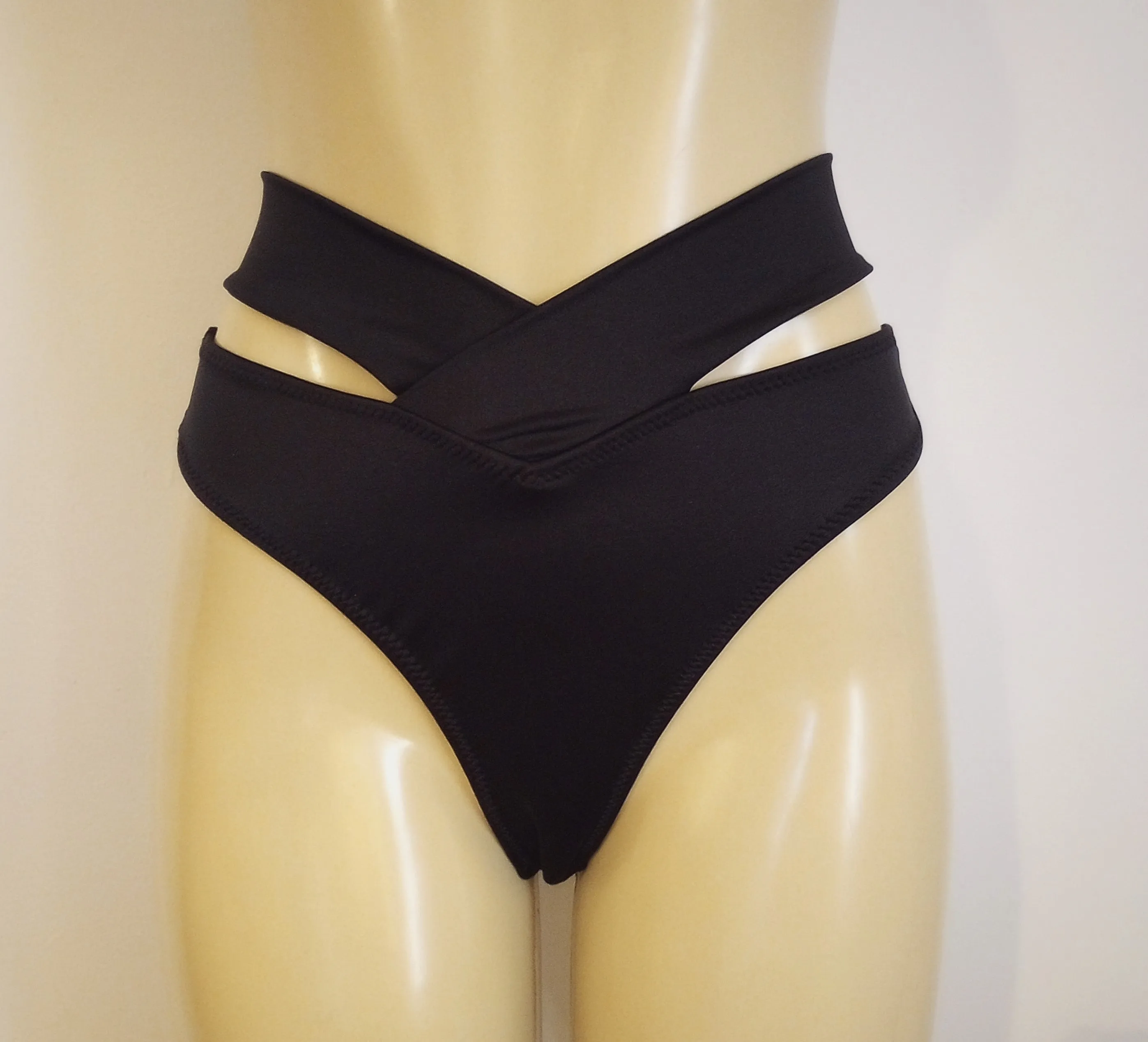 High Waisted Thong Strappy Crossover Band Bikini Bottom